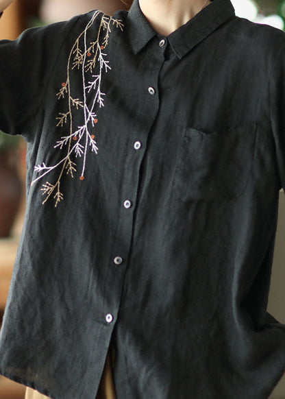 Black Peter Pan Collar Embroidered Linen Blouse Spring