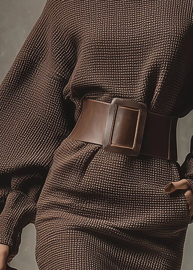Stylish Chocolate Pockets Sashes Knit Dress Batwing Sleeve