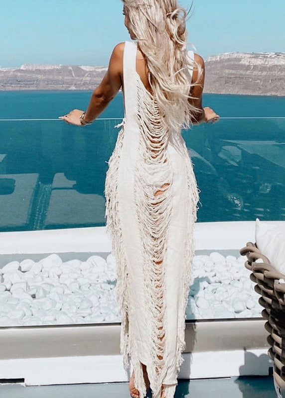 White Tassel Hollow Out Beach Knit Dress Summer