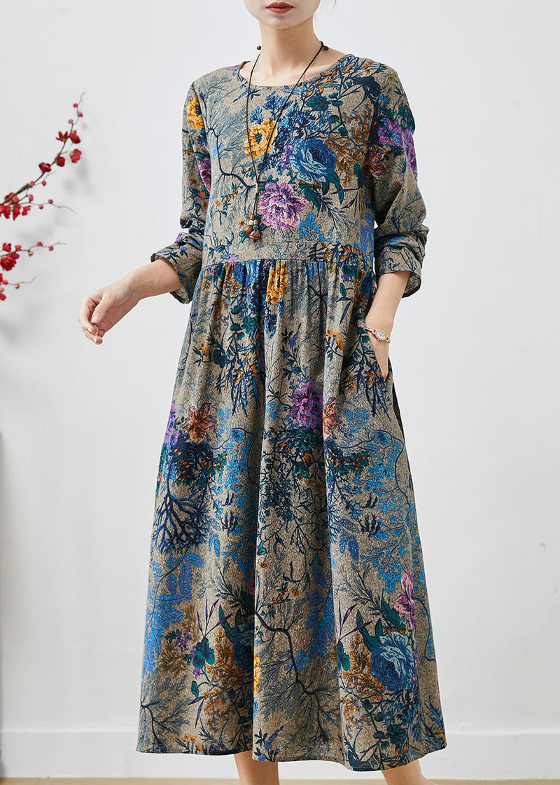 Peacock Blue Cinched Print Cotton Dress Spring