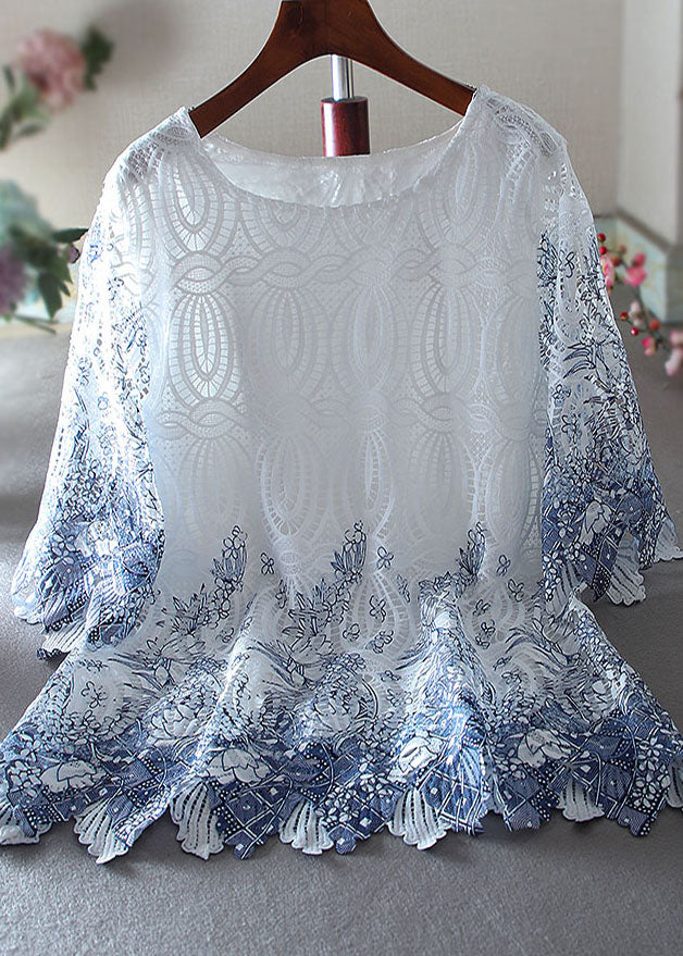 White Embroidered Hollow Out Lace Shirt Top Summer