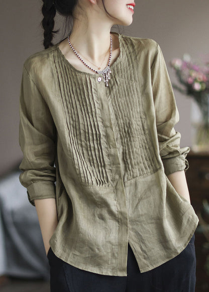 Army Green Wrinkled Patchwork Linen Shirt Top Spring
