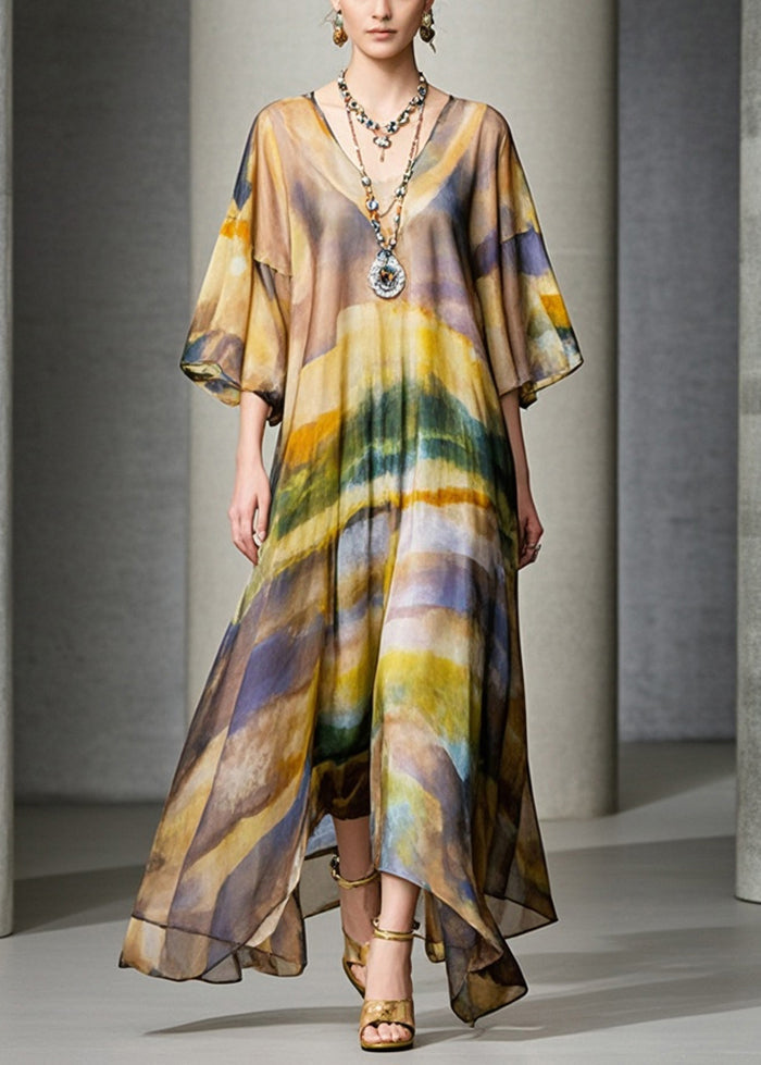 Brown Oversized Print Chiffon Maxi Dress Summer
