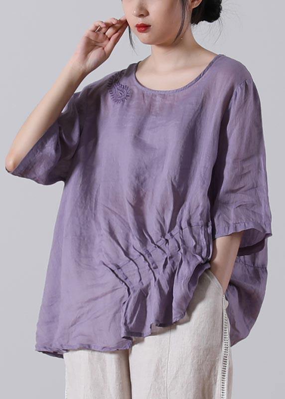 Light Purple Asymmetrical Design Cotton Linen Shirts Summer
