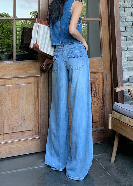 Blue Pockets High Waist Denim Pants Fall