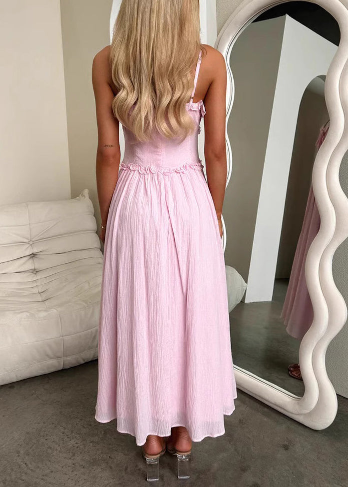 Pink Ruffled Patchwork Cotton Spaghetti Strap Dress Summer
