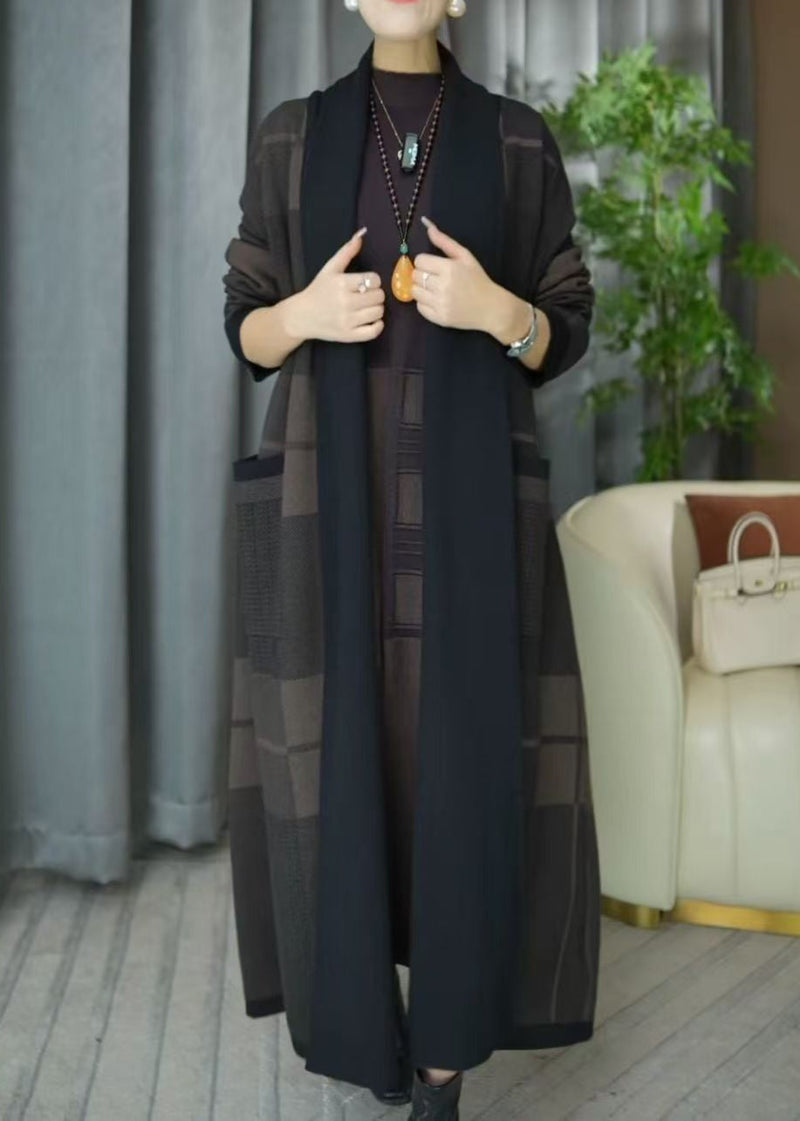 V Neck Plaid Pockets Knit Cardigans Winter