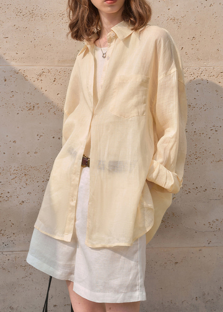 Apricot Peter Pan Collar Linen Thin Shirts Tops Summer