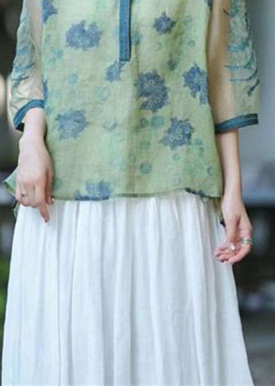 Green O Neck Organza Embroidered Patchwork Linen Top Summer
