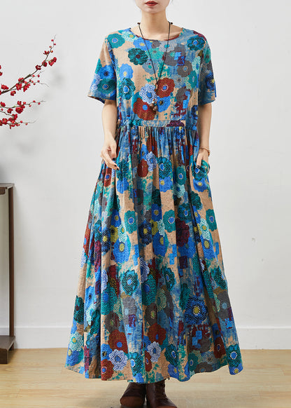 Blue Cinched Exra Large Hem Cotton Dress Summer