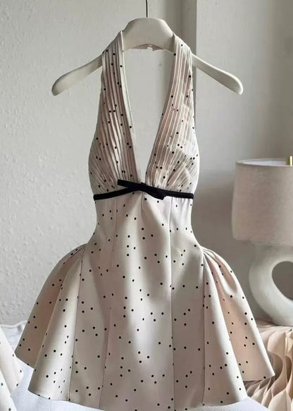 Beige V Neck Backless Dot Cotton Mini Dress Sleeveless