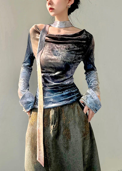New Blue O-neck Wrinkled Silk Velour Tops Fall
