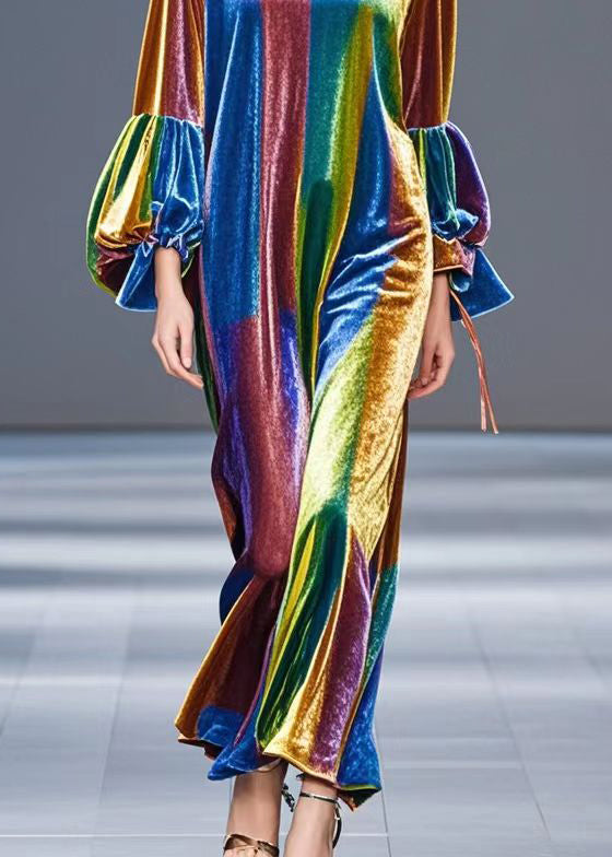 Diy Gradient Color Tie Dye Silk Velvet Long Dress Lantern Sleeve