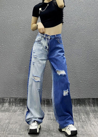 Natural Colorblock Pockets Ripped Denim Straight Pants Fall