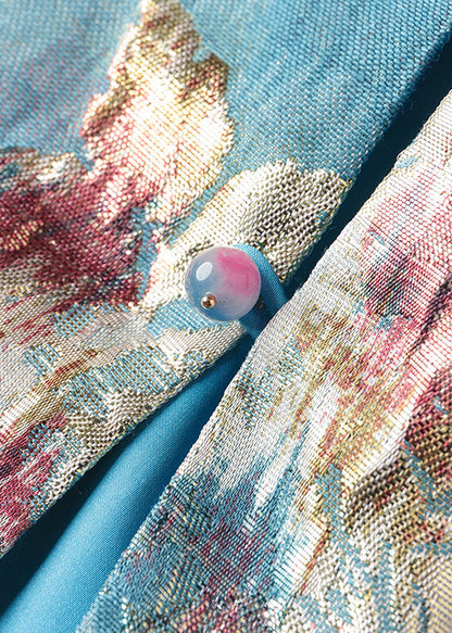 Blue V Neck Jacquard Patchwork Cotton Cardigan Fall