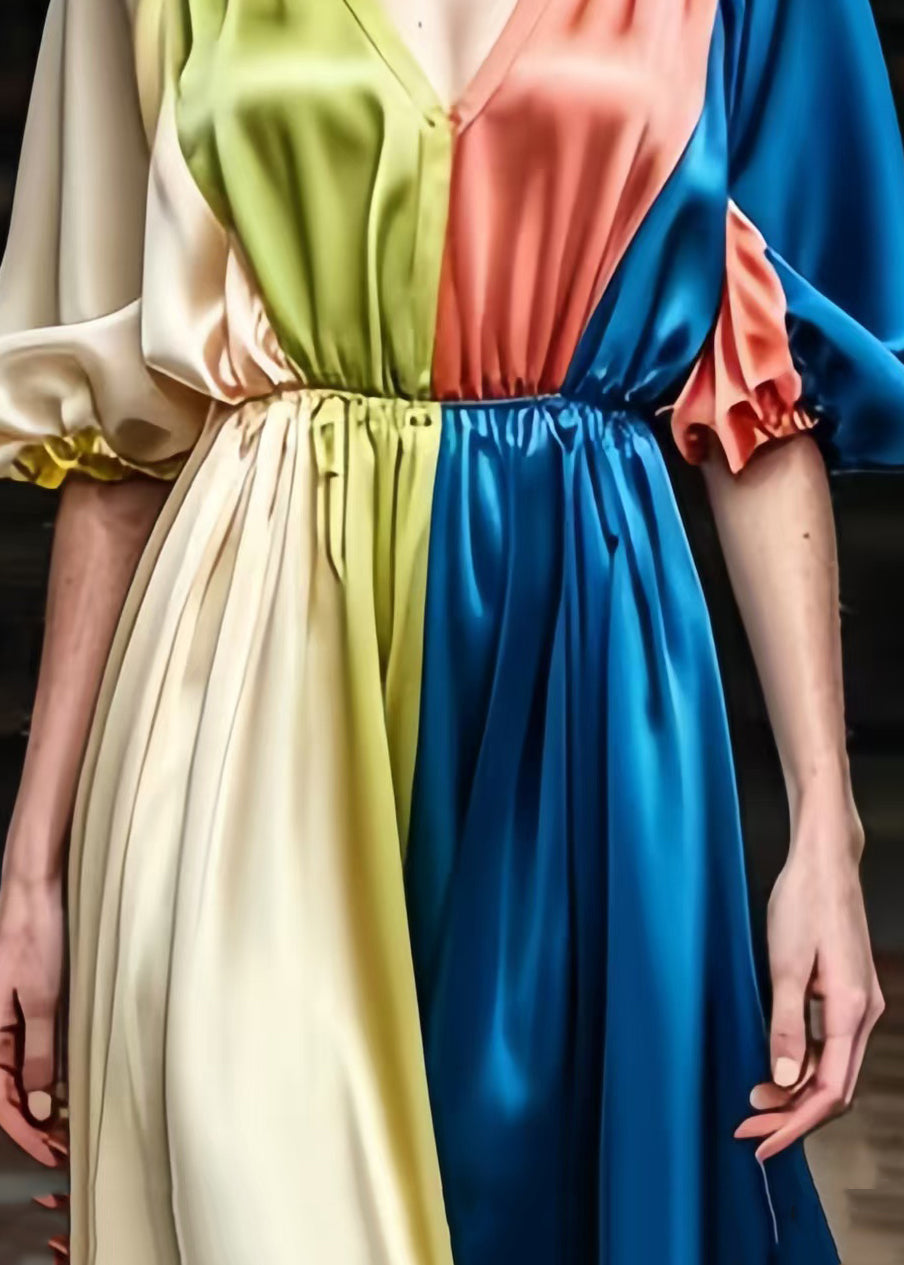Colorblock V Neck Patchwork Draping Silk Dress Summer