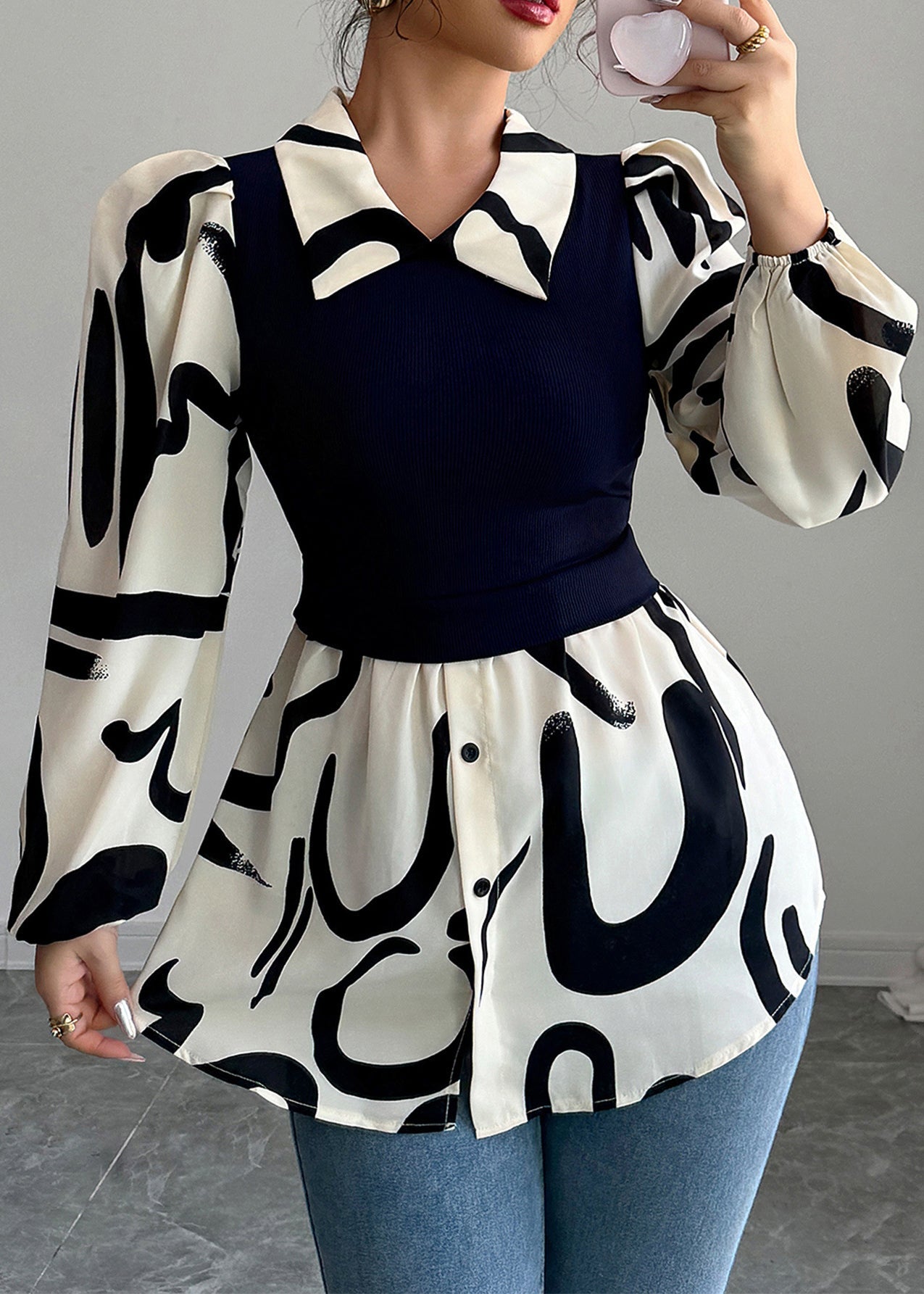 New Black Peter Pan Collar Knit Patchwork Chiffon Shirts Long Sleeve