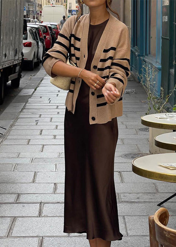 Simple Coffee O Neck Silk Long Dress Sleeveless