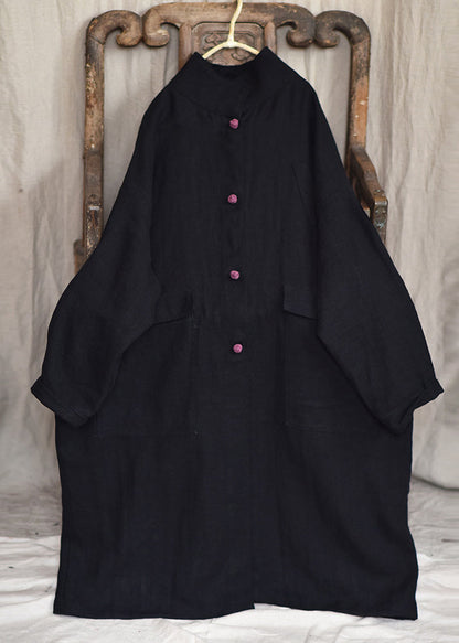 Black Stand Collar Pockets Linen Coat Spring