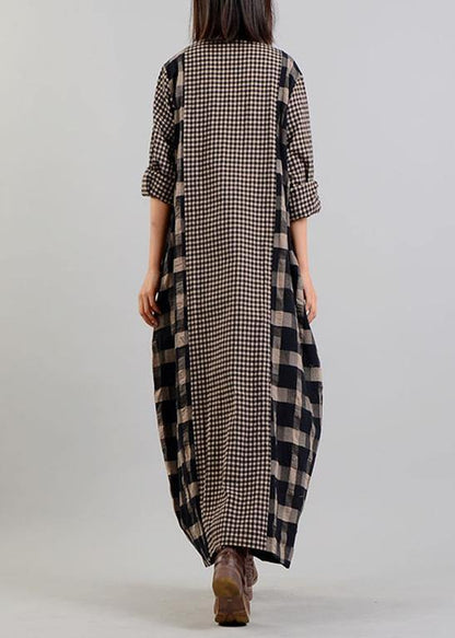V Neck Patchwork Cotton Linen Spring Quilting Clothes Tunic Tops Plaid Dresses