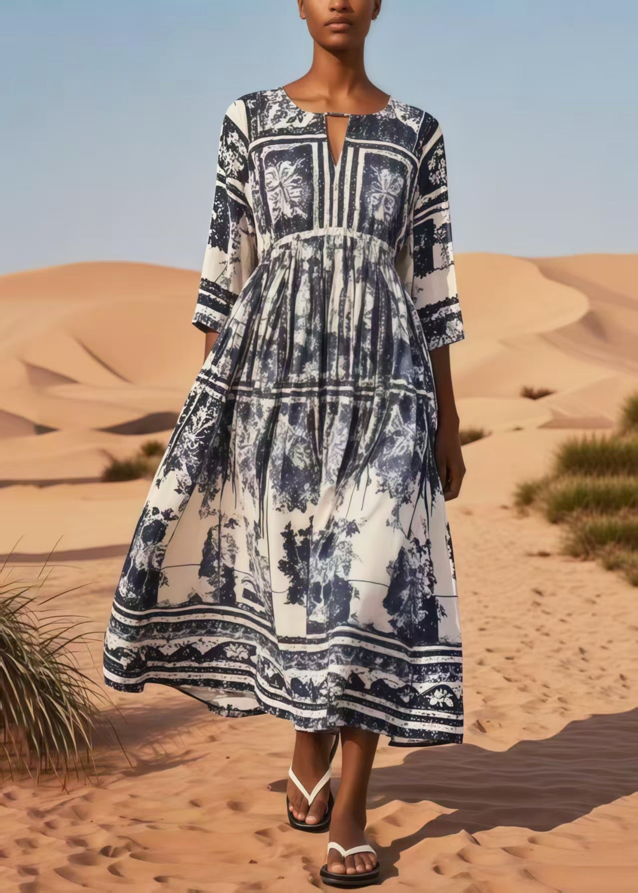 Navy Print Cotton Vacation Dresses Oversized Summer