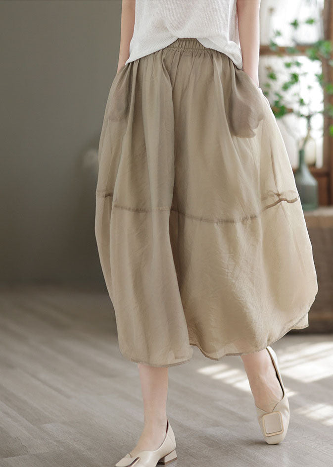 Khaki Elastic Waist Patchwork Organza Skirts Spring