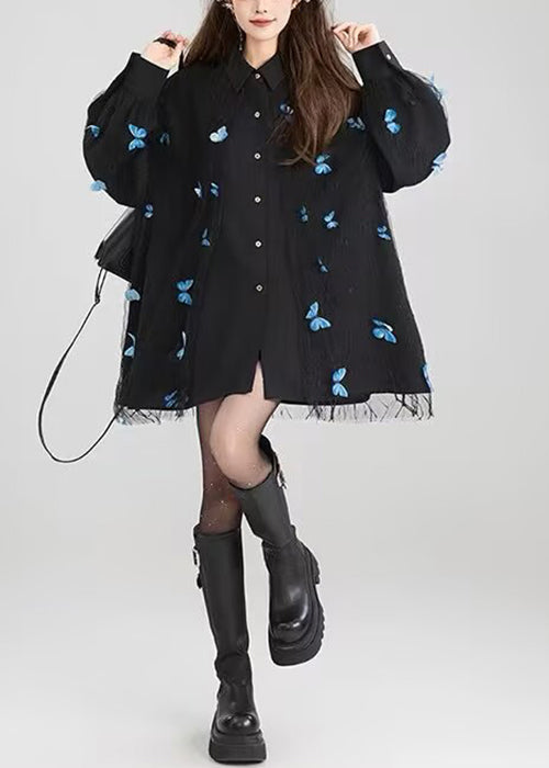 Black Peter Pan Collar Butterfly Lace Patchwork Cotton Shirt Fall