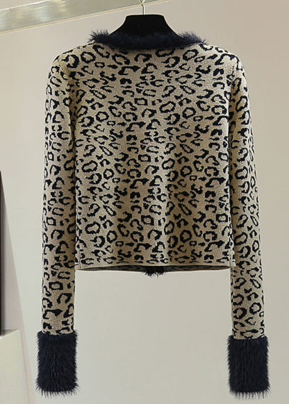 Leopard V Neck Print Patchwork Cotton Knit Sweater Winter
