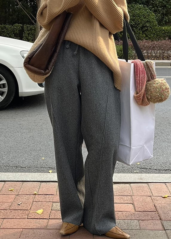 Grey Pockets Woolen Pants Elastic Waist Winter