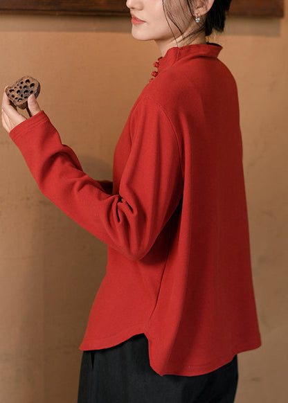 Red Oriental Button Cotton Top Spring