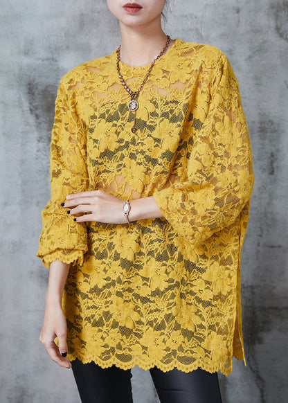 Modern Yellow Hollow Out Side Open Lace Top Summer