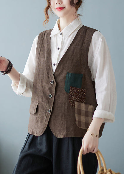 Coffee V Neck Pockets Button Cotton Vest Tops Sleeveless