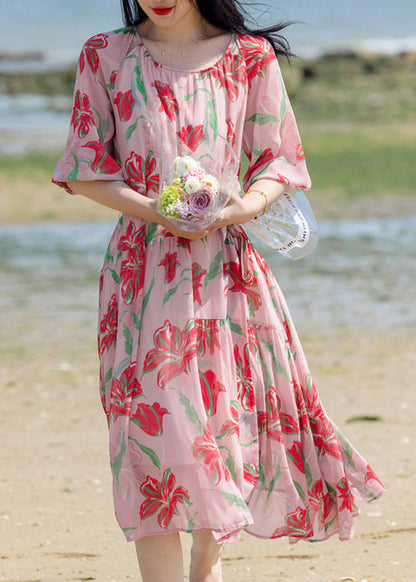 Pink Print Patchwork Chiffon Long Holiday Dress Summer