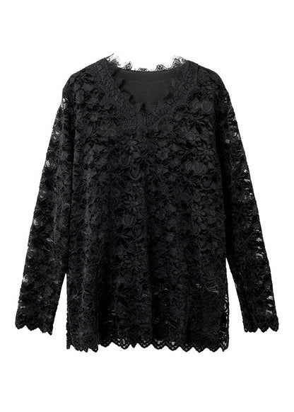 Unique White V Neck Lace Warm Fleece Blouse Tops Spring
