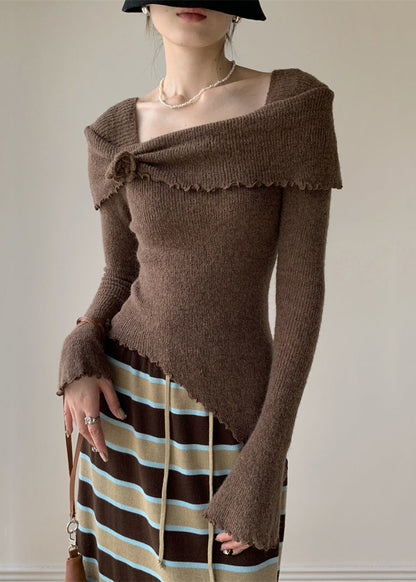 Coffee Knitting Cotton Sweater Square Collar Flare Sleeve