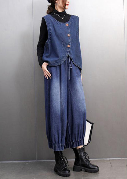 Boutique Blue O-neck Button Denim Waistcoat and Crop Pants Two Pieces Set Spring