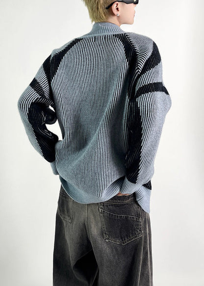 New Blue Striped Zip Up Knit Coat Fall