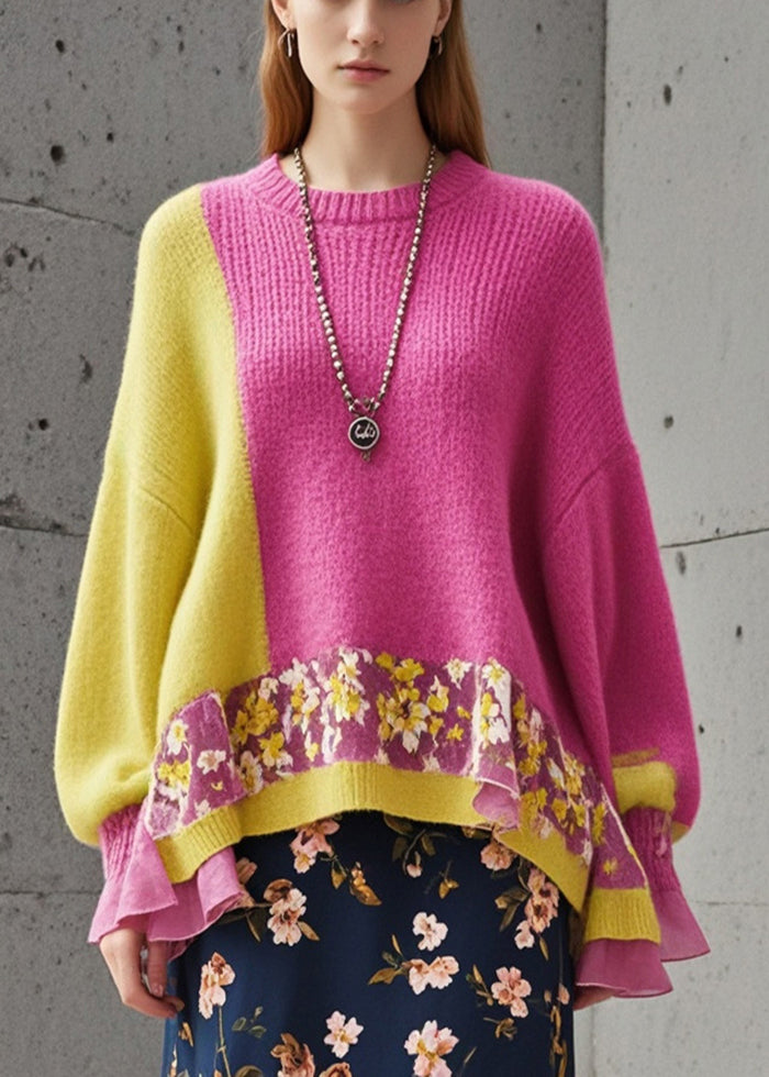 Rose Oversized Patchwork Cozy Knit Sweater Fall