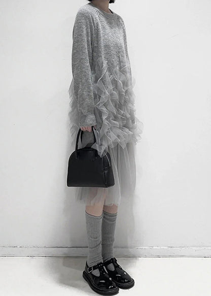 Art Grey Ruffled Tulle Patchwork Knit Dress Fall