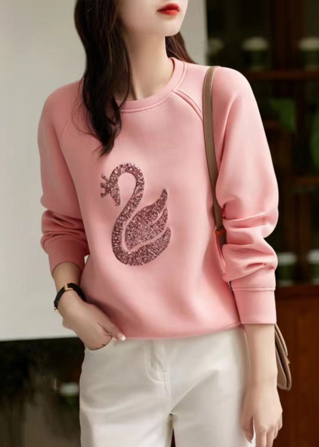 Grey O Neck Sequins Cotton Sweatshirt Spring