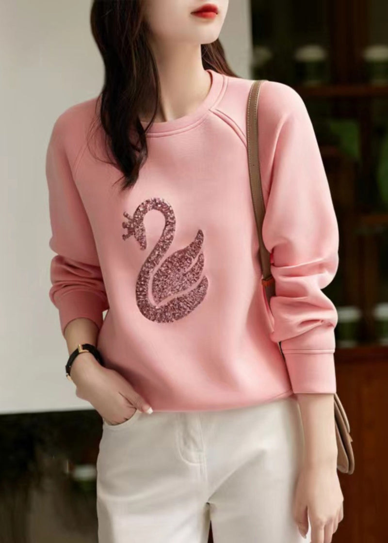 Grey O Neck Sequins Cotton Sweatshirt Spring
