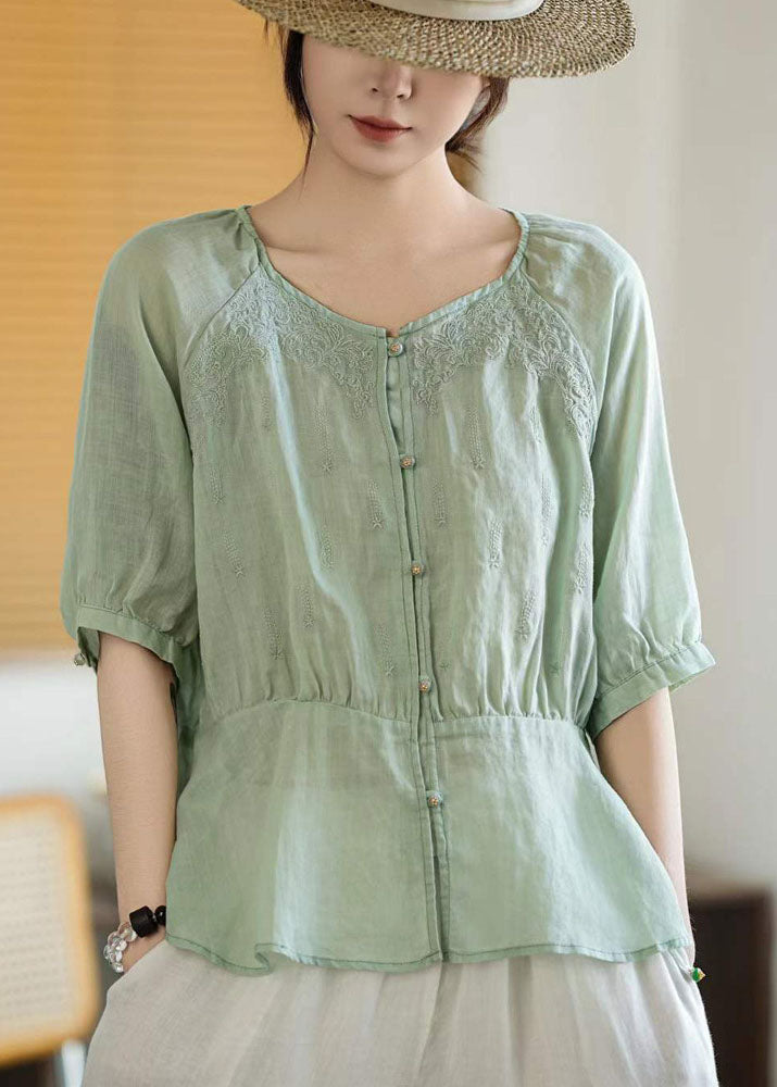 Natural Orange V Neck Embroidered Linen Top Summer