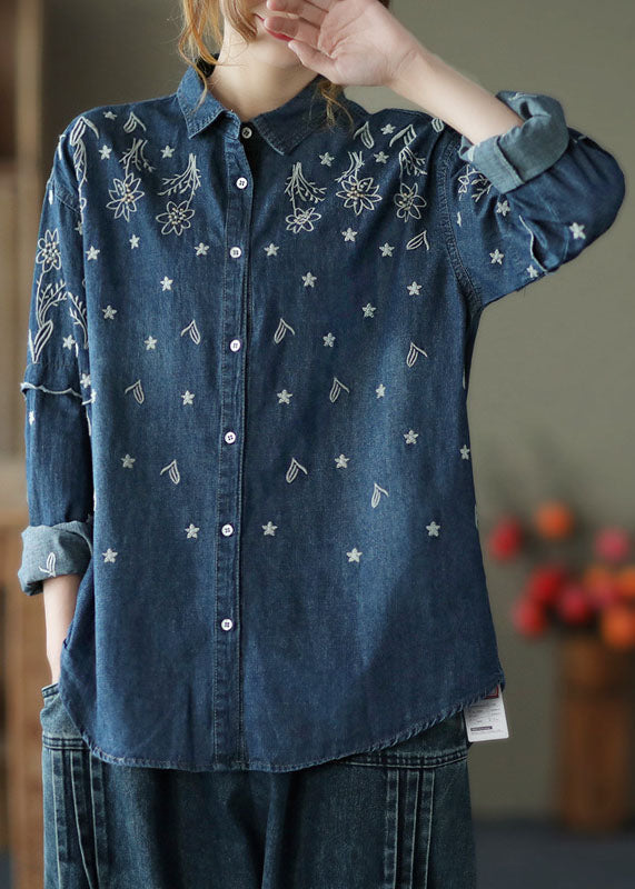 Fine Blue Embroidered Patchwork Cotton Denim Shirt Spring