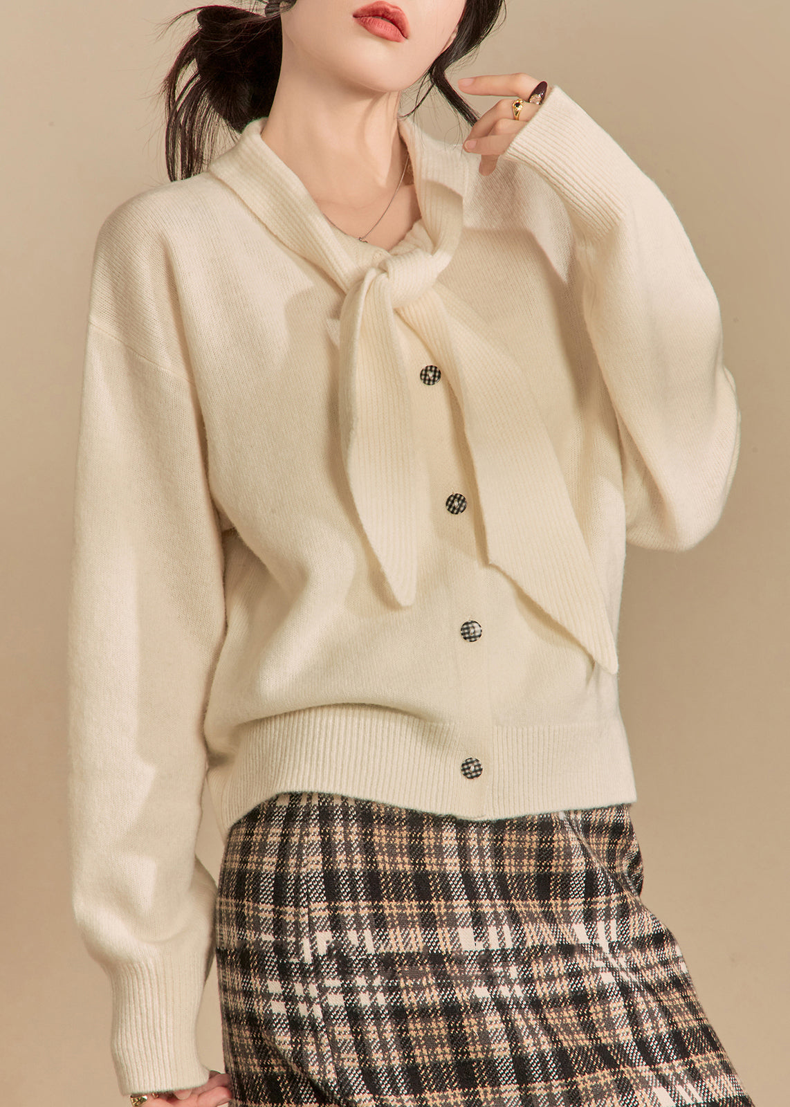Beige Bow Button Knit Sweaters Winter