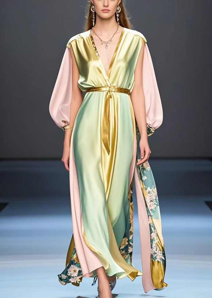 Boutique Gradient Color Cinched Patchwork Silk Long Dress Fall