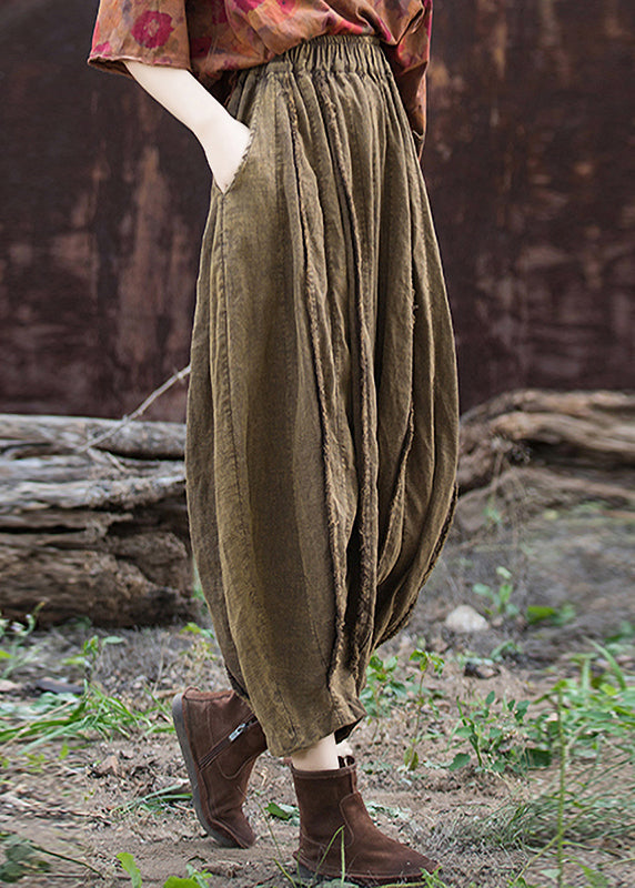 Coffee Pockets Patchwork Linen Crop Pants Summer