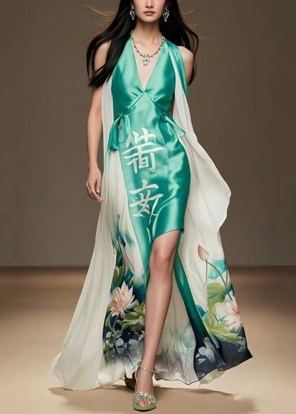 Lake Green Asymmetrical Patchwork Silk Vacation Dresses Summer