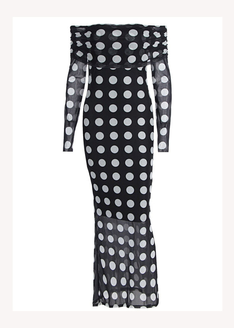 Black Cold Shoulder Dot Print Slim Tulle Dresses Spring