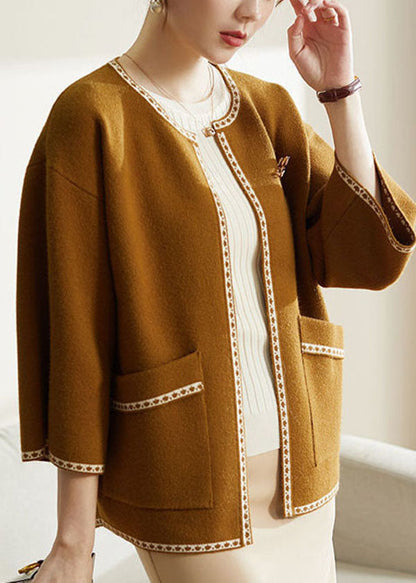 Modern Yellow O-neck Oversized Woolen Cardigan Bracelet Sleeve