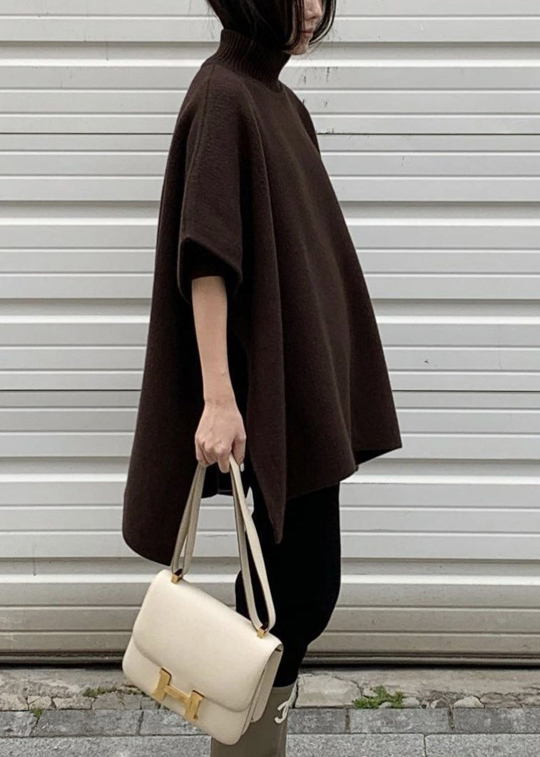 Grey Side Open Knit Cape Style Sweater Turtleneck Batwing Sleeve
